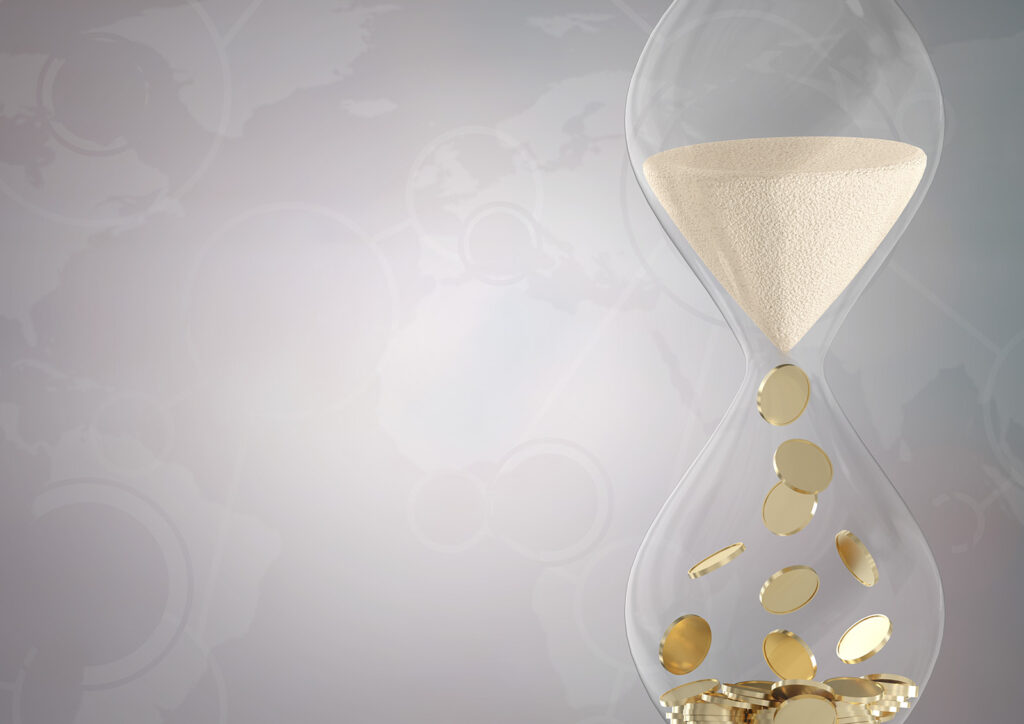 Hourglass with sand falling as coins - with probate, the payout comes after court processes